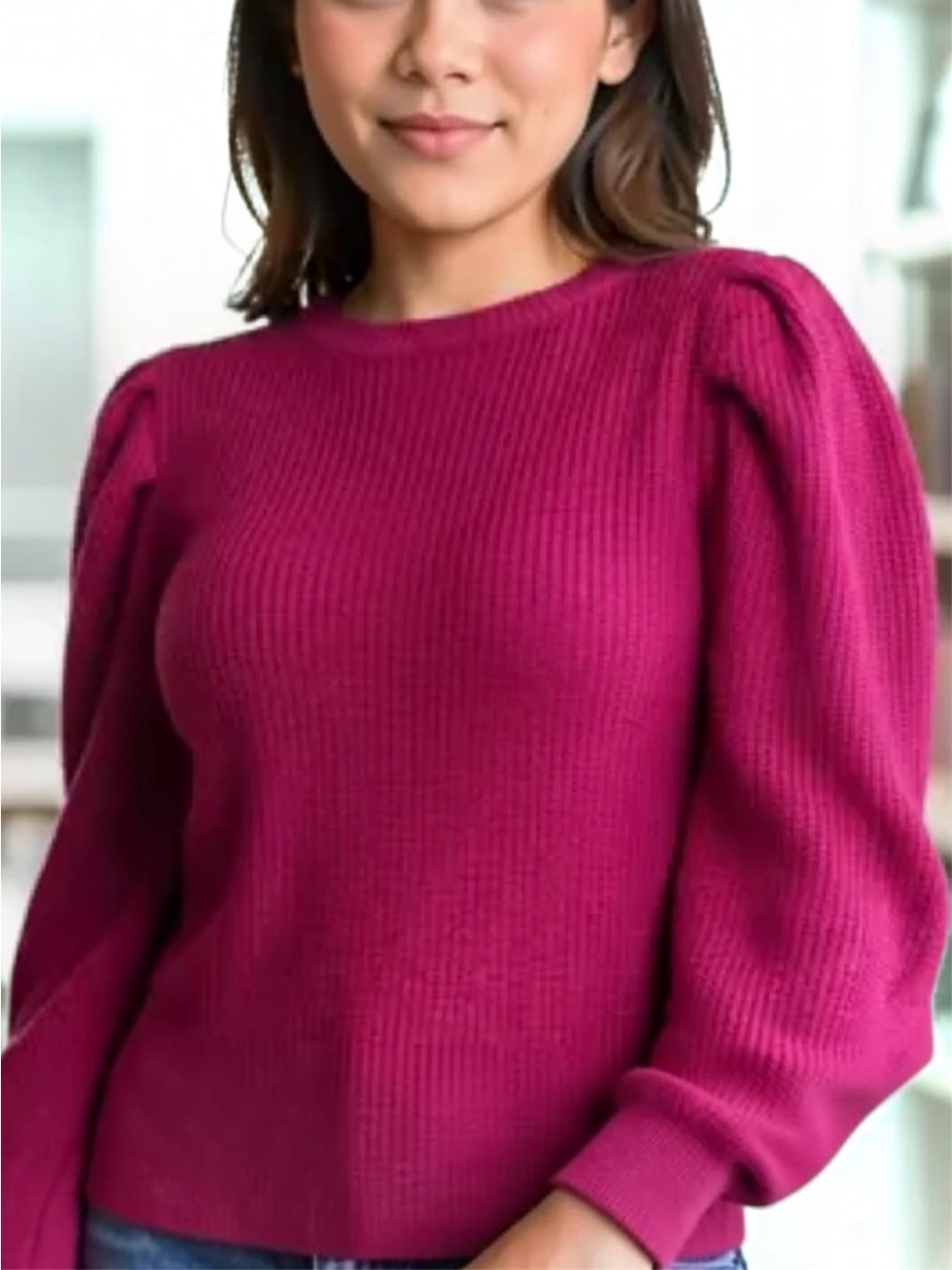 The Limited Puff Sleeve Ribbed Sweater in Magenta Size Small